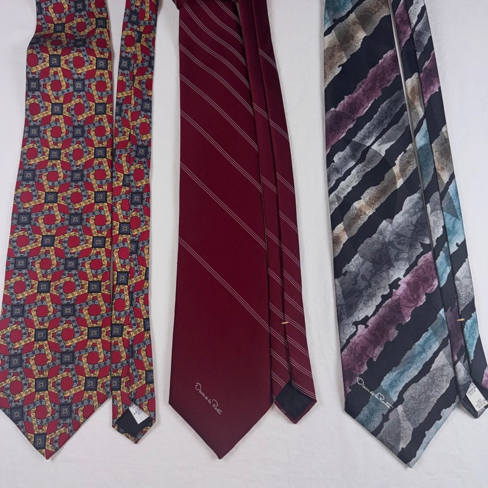 Oscar de la Renta Silk Ties Men OS Red Burgundy Geometric Pinstripe 3-Pack Lot